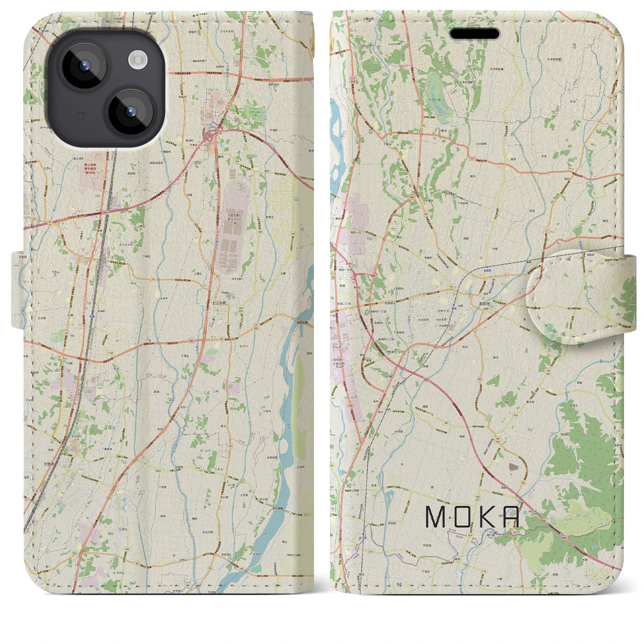 【真岡(栃木県)】地図柄iPhoneケース(手帳タイプ)ナチュラル・iPhone 14 Plus 用