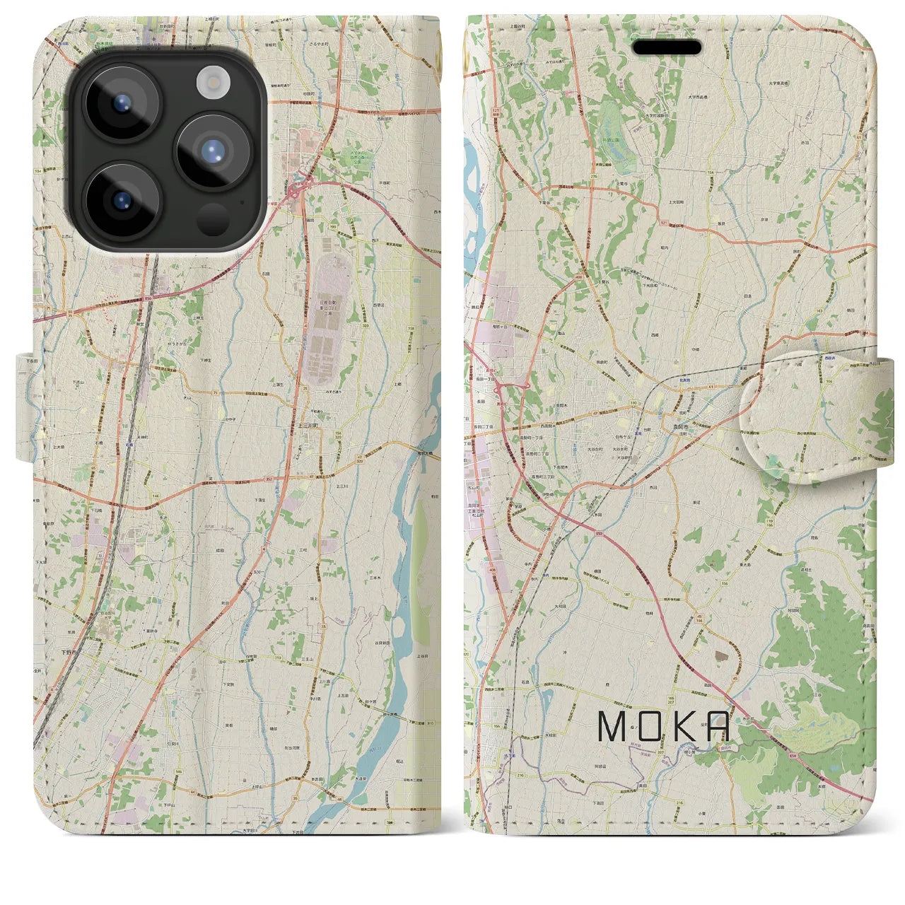 【真岡(栃木県)】地図柄iPhoneケース(手帳タイプ)ナチュラル・iPhone 15 Pro Max 用