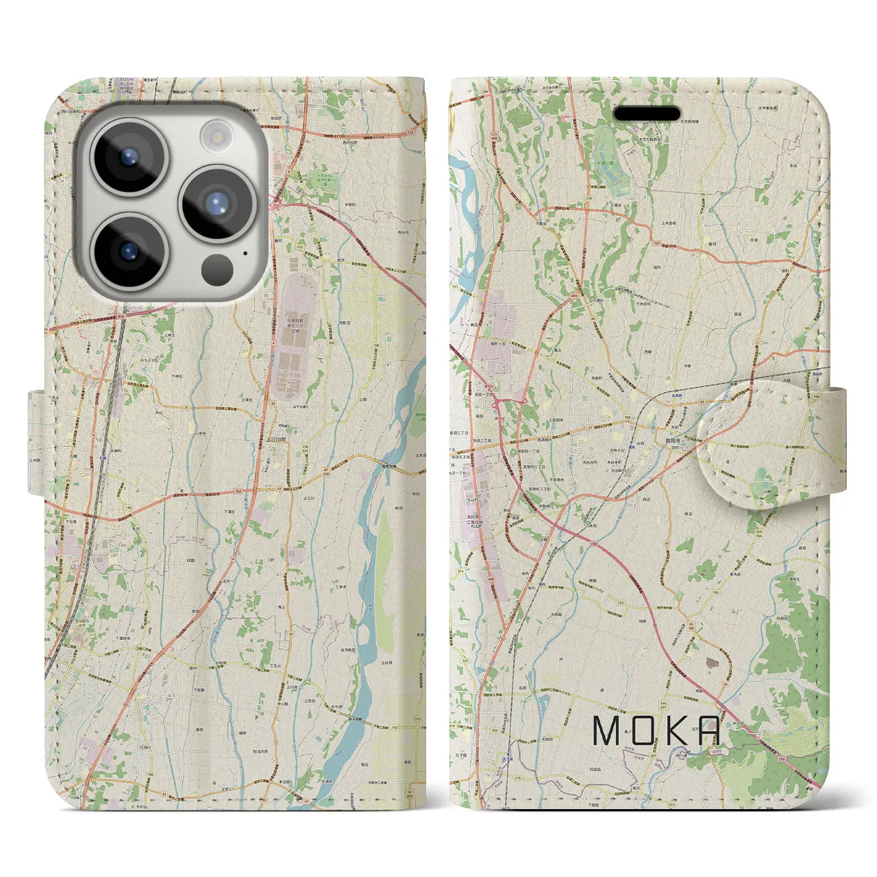 【真岡(栃木県)】地図柄iPhoneケース(手帳タイプ)ナチュラル・iPhone 15 Pro 用