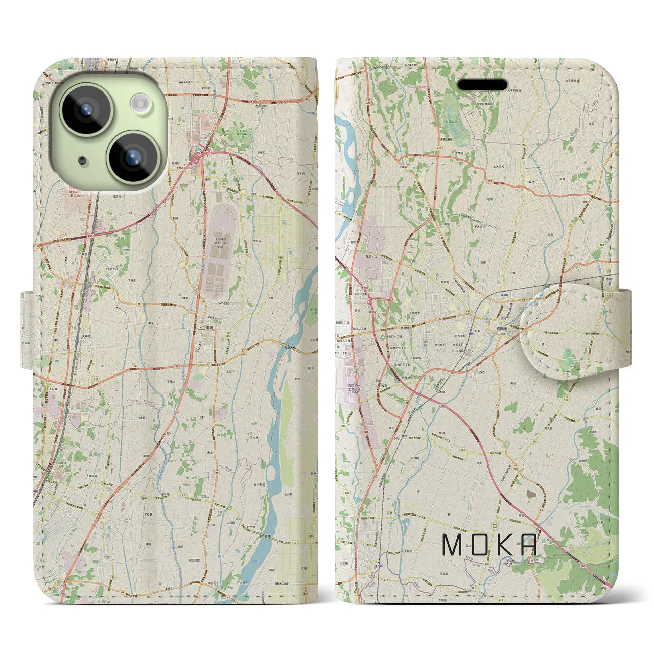 【真岡(栃木県)】地図柄iPhoneケース(手帳タイプ)ナチュラル・iPhone 15 用