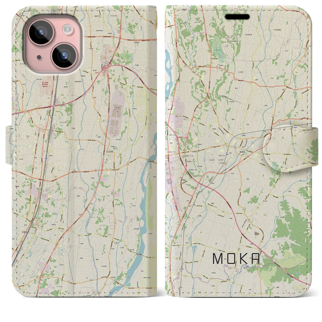 【真岡(栃木県)】地図柄iPhoneケース(手帳タイプ)ナチュラル・iPhone 15 Plus 用