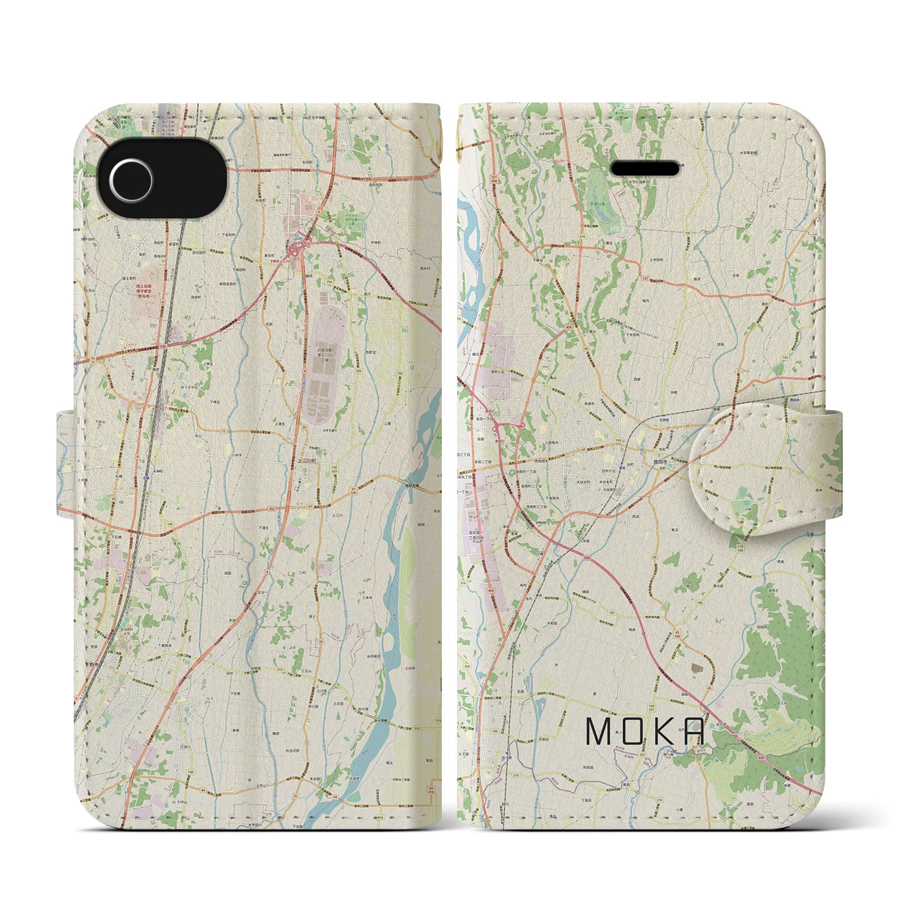 【真岡(栃木県)】地図柄iPhoneケース(手帳タイプ)ナチュラル・iPhone SE(第3 / 第2世代) / 8 / 7 / 6s / 6 用