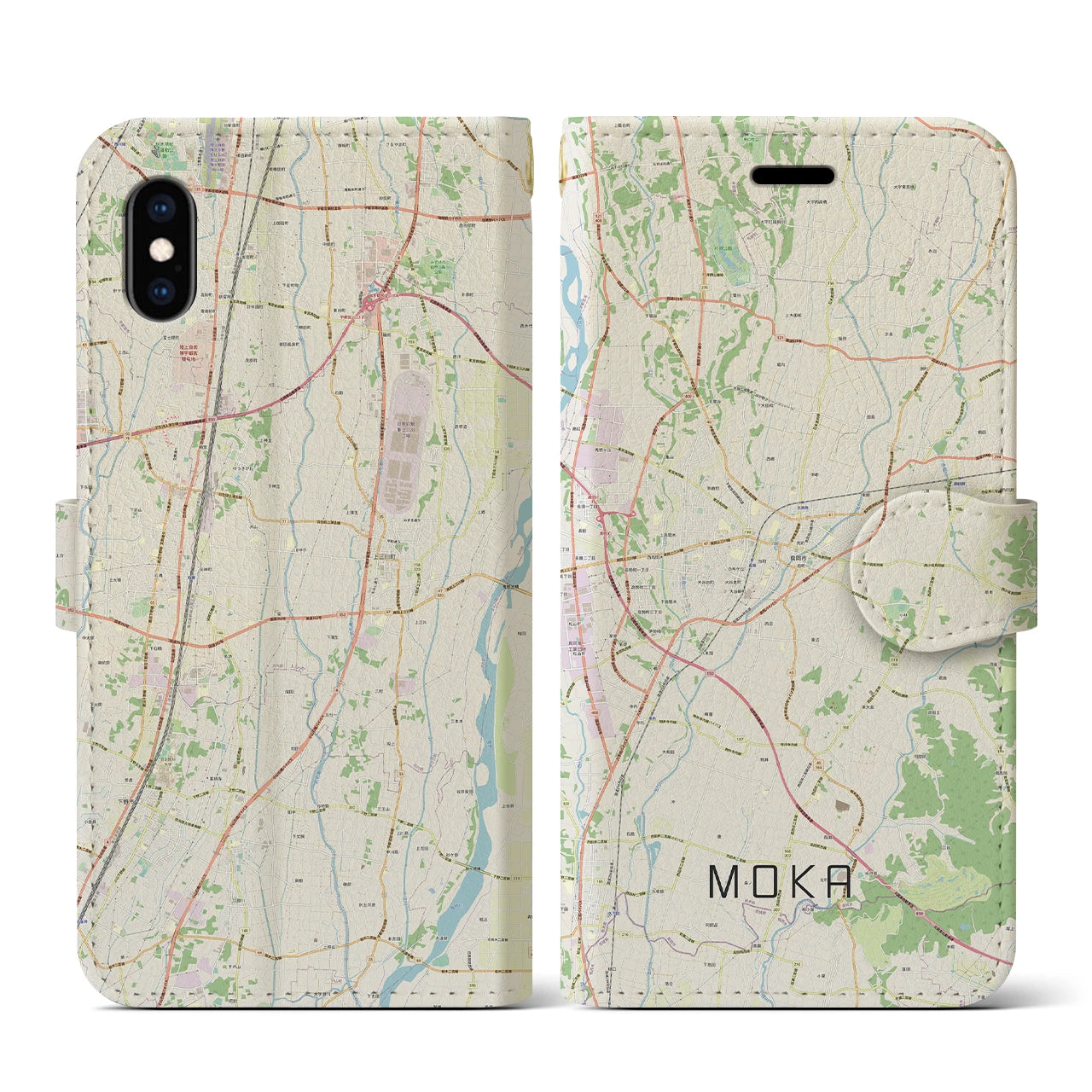 【真岡(栃木県)】地図柄iPhoneケース(手帳タイプ)ナチュラル・iPhone XS / X 用