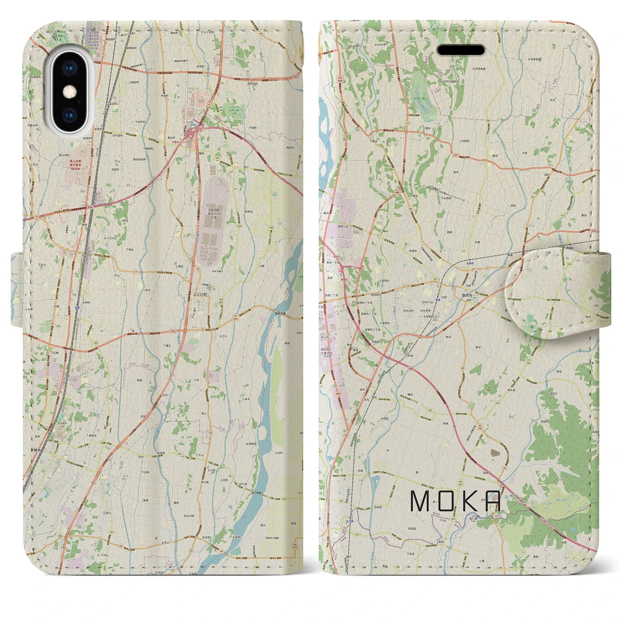 【真岡(栃木県)】地図柄iPhoneケース(手帳タイプ)ナチュラル・iPhone XS Max 用