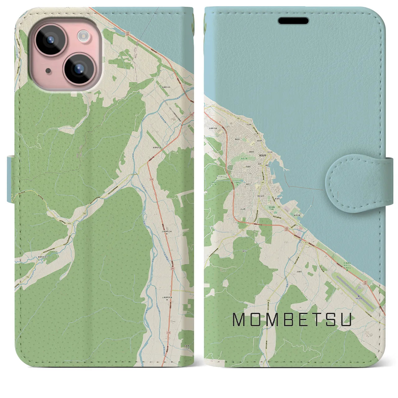 【紋別(北海道)】地図柄iPhoneケース(手帳タイプ)ナチュラル・iPhone 15 Plus 用