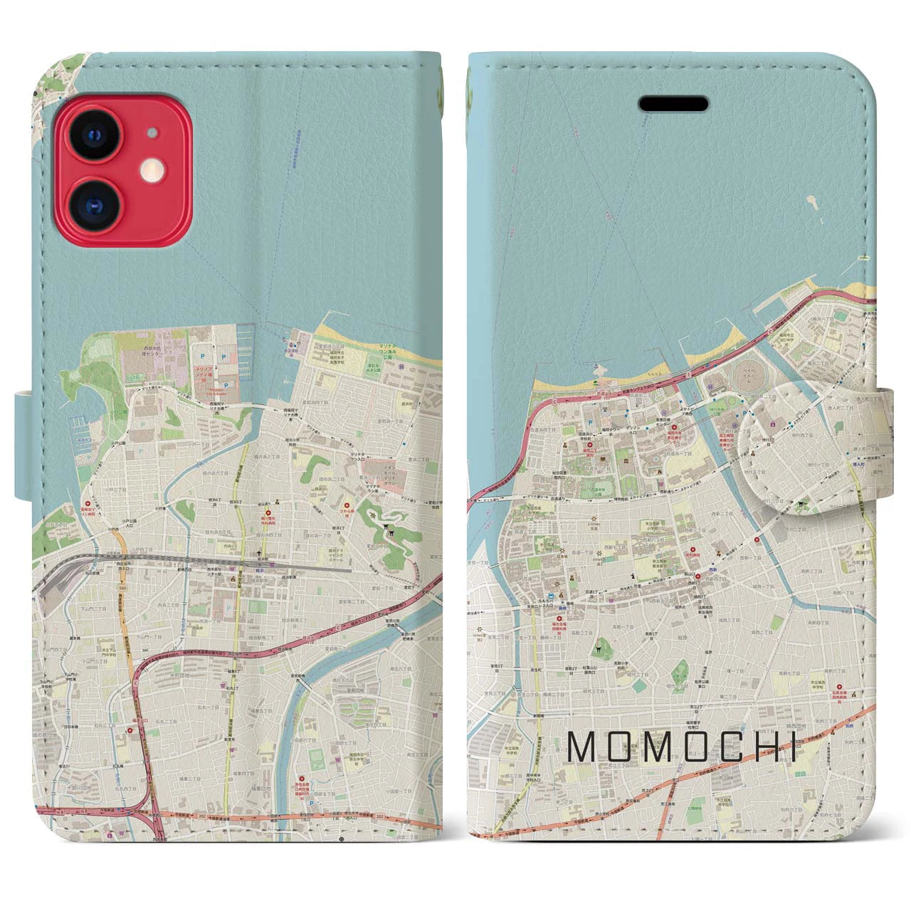 【百道(福岡県)】地図柄iPhoneケース(手帳タイプ)ナチュラル・iPhone 11 用