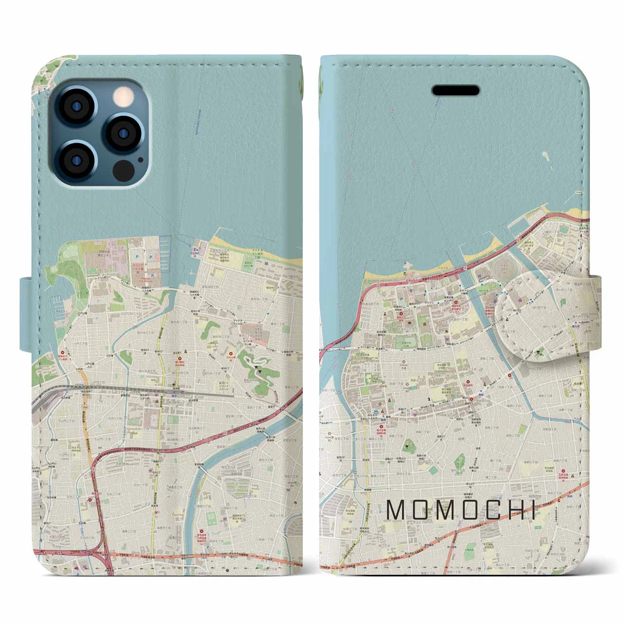 【百道(福岡県)】地図柄iPhoneケース(手帳タイプ)ナチュラル・iPhone 12 / 12 Pro 用