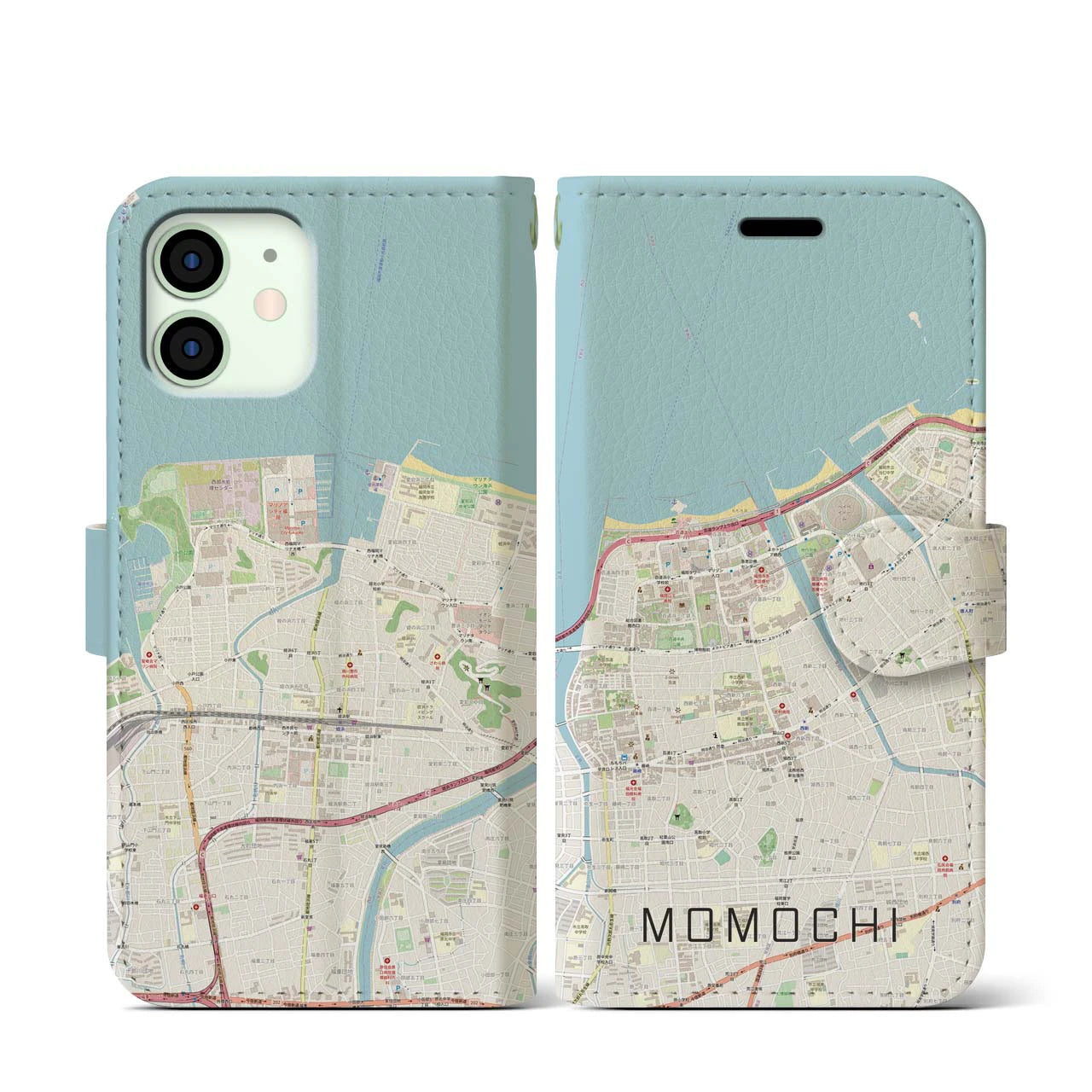 【百道(福岡県)】地図柄iPhoneケース(手帳タイプ)ナチュラル・iPhone 12 mini 用