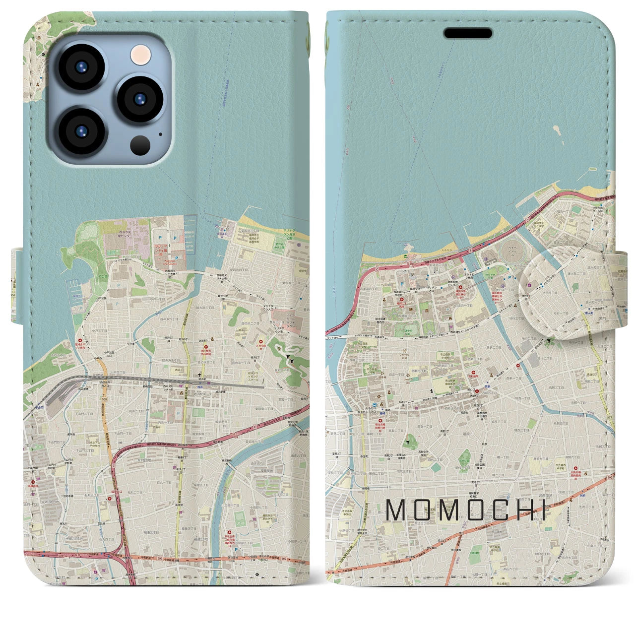 【百道(福岡県)】地図柄iPhoneケース(手帳タイプ)ナチュラル・iPhone 13 Pro Max 用