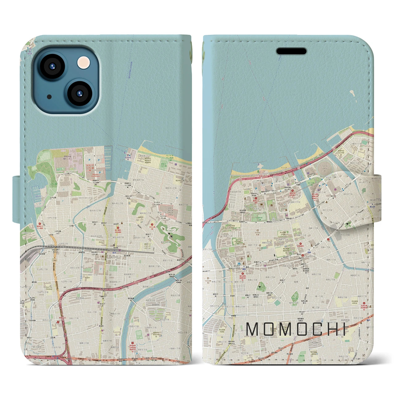 【百道(福岡県)】地図柄iPhoneケース(手帳タイプ)ナチュラル・iPhone 13 用