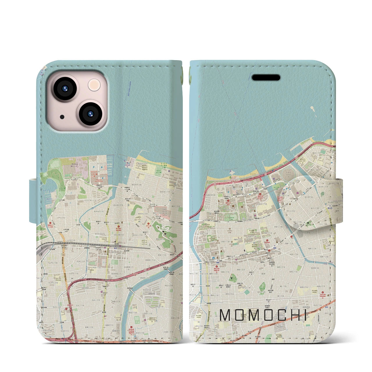 【百道(福岡県)】地図柄iPhoneケース(手帳タイプ)ナチュラル・iPhone 13 mini 用