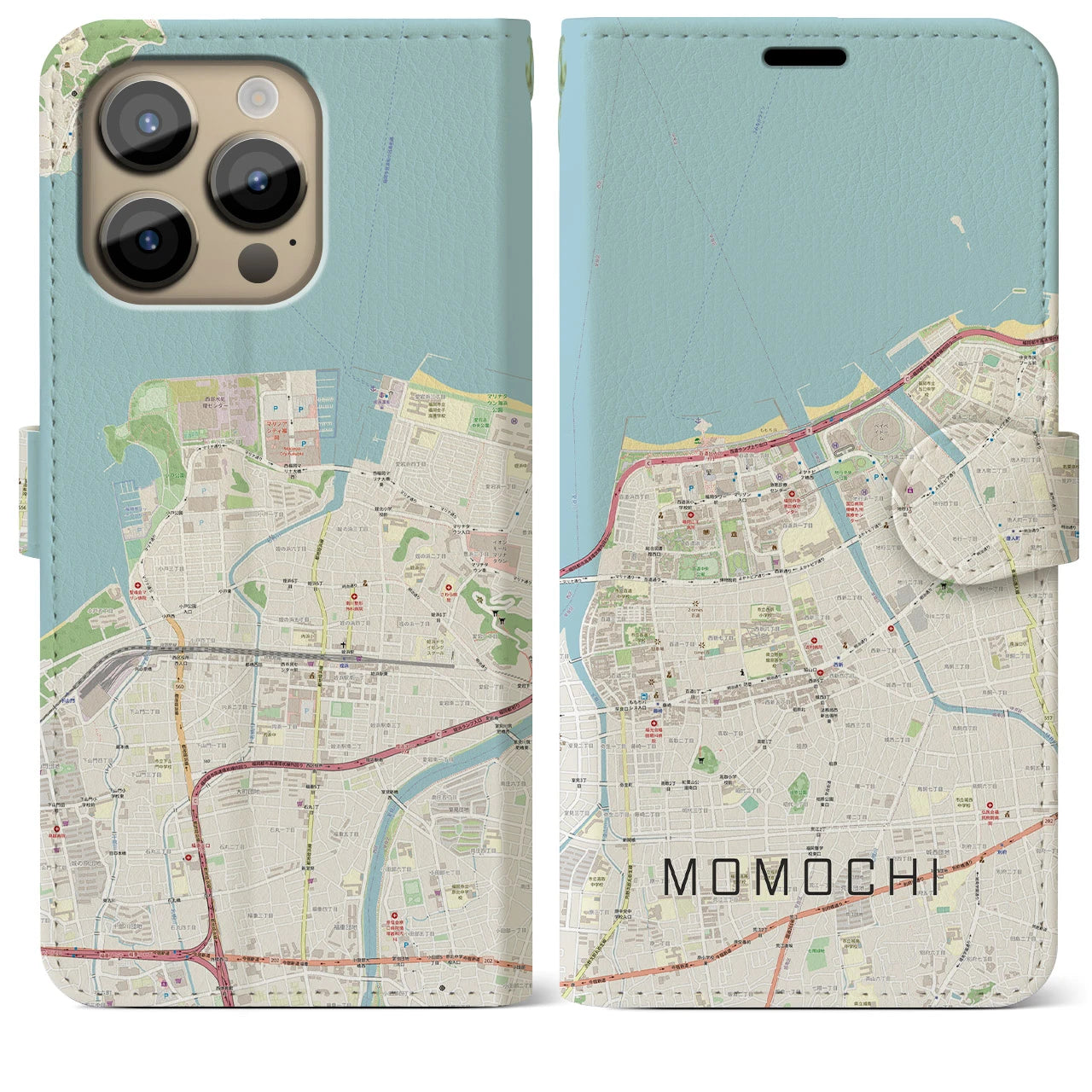 【百道(福岡県)】地図柄iPhoneケース(手帳タイプ)ナチュラル・iPhone 14 Pro Max 用