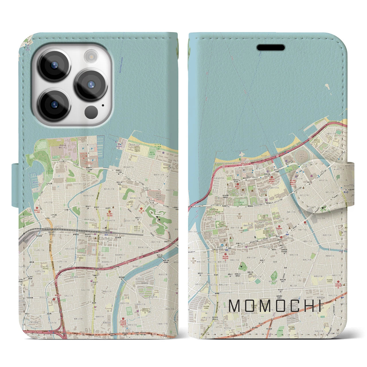 【百道(福岡県)】地図柄iPhoneケース(手帳タイプ)ナチュラル・iPhone 14 Pro 用