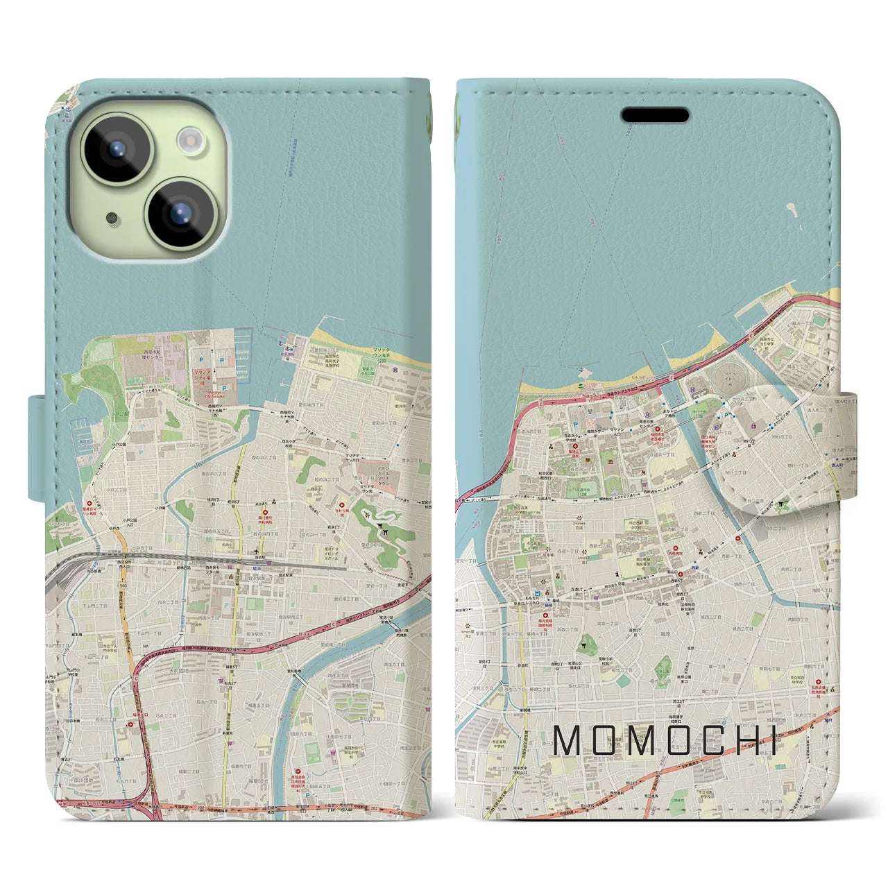 【百道(福岡県)】地図柄iPhoneケース(手帳タイプ)ナチュラル・iPhone 15 用