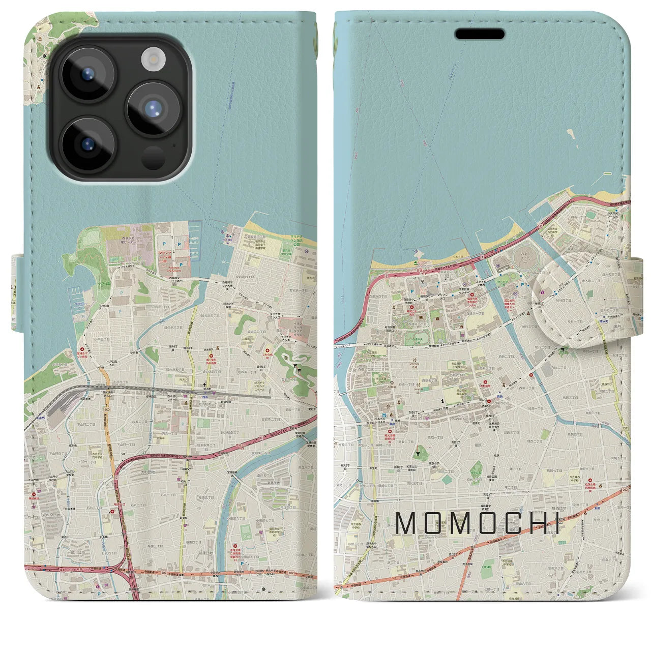 【百道(福岡県)】地図柄iPhoneケース(手帳タイプ)ナチュラル・iPhone 15 Pro Max 用