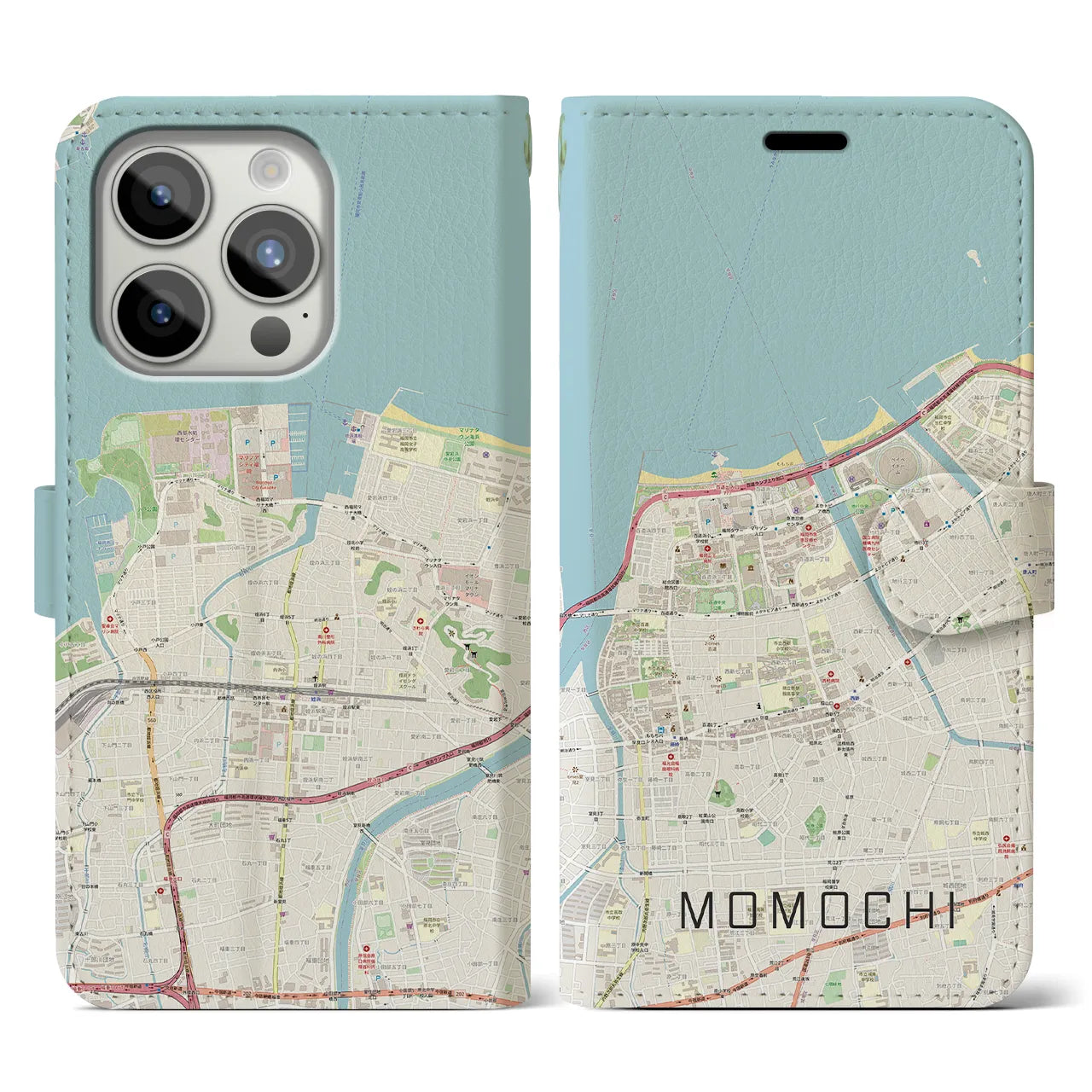 【百道(福岡県)】地図柄iPhoneケース(手帳タイプ)ナチュラル・iPhone 15 Pro 用