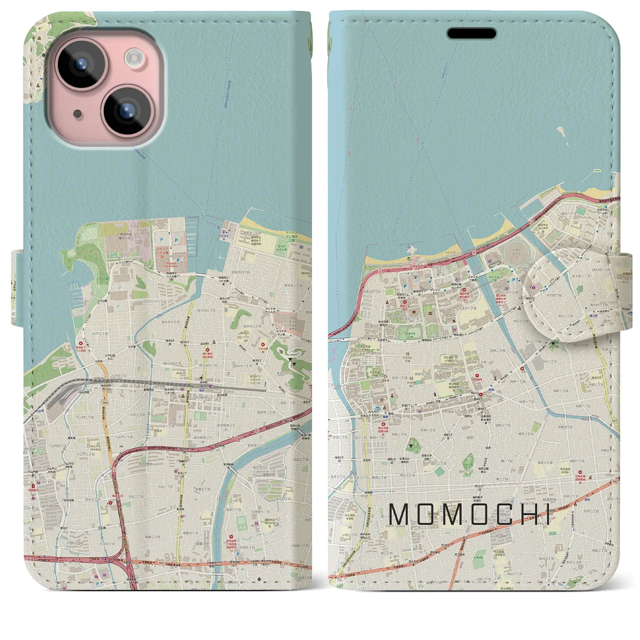 【百道(福岡県)】地図柄iPhoneケース(手帳タイプ)ナチュラル・iPhone 15 Plus 用