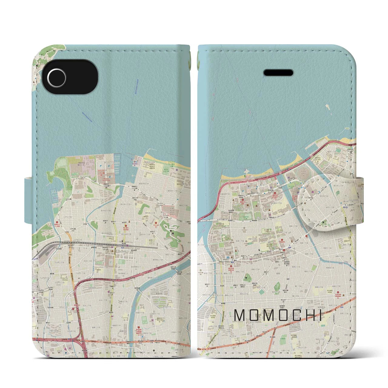 【百道(福岡県)】地図柄iPhoneケース(手帳タイプ)ナチュラル・iPhone SE(第3 / 第2世代) / 8 / 7 / 6s / 6 用