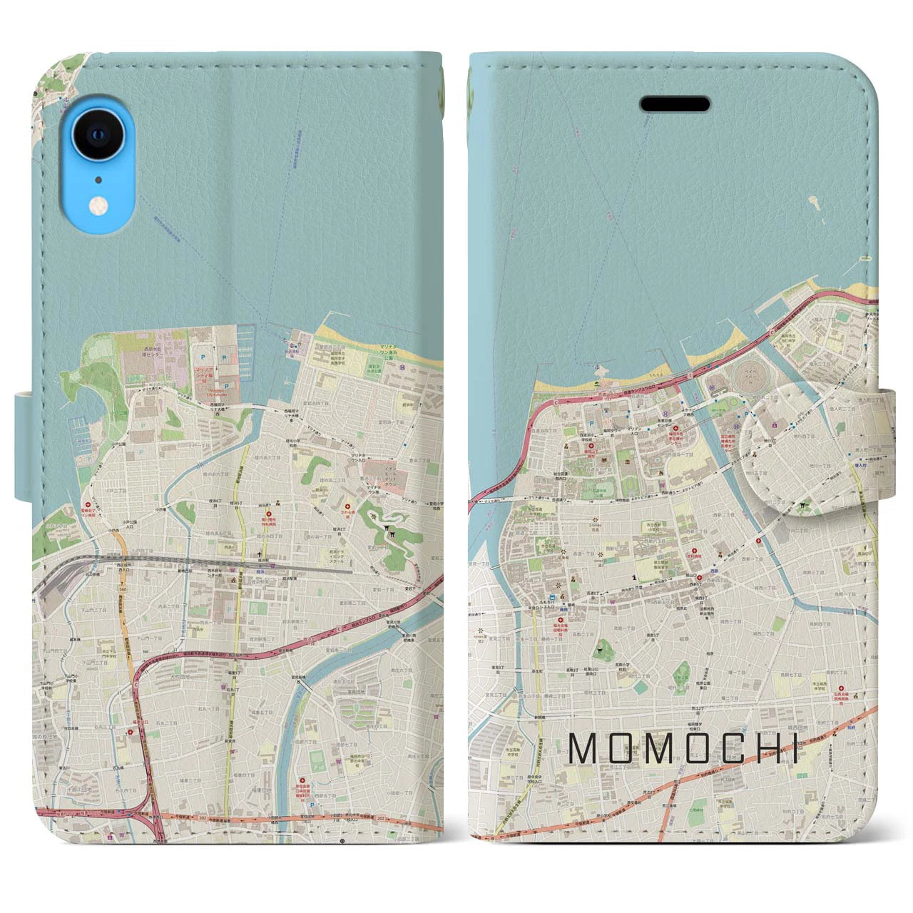 【百道(福岡県)】地図柄iPhoneケース(手帳タイプ)ナチュラル・iPhone XR 用