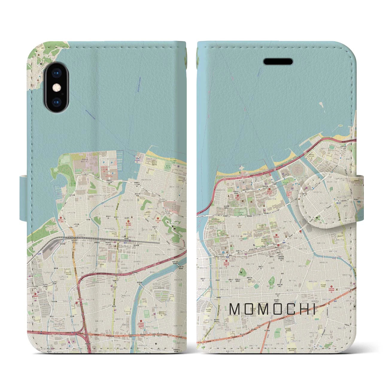 【百道(福岡県)】地図柄iPhoneケース(手帳タイプ)ナチュラル・iPhone XS / X 用