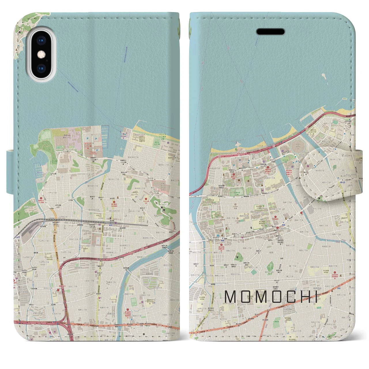 【百道(福岡県)】地図柄iPhoneケース(手帳タイプ)ナチュラル・iPhone XS Max 用