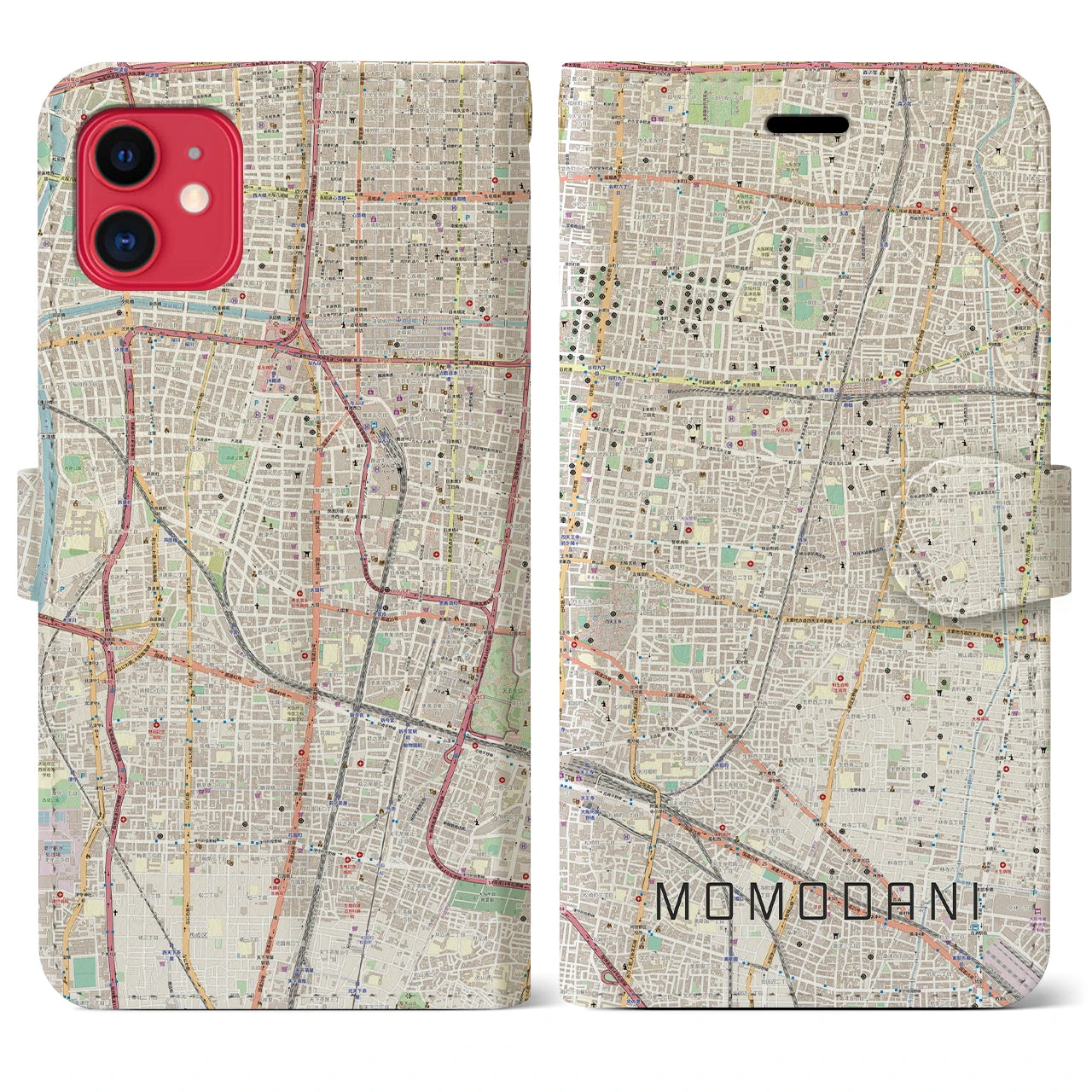 【桃谷(大阪府)】地図柄iPhoneケース(手帳タイプ)ナチュラル・iPhone 11 用