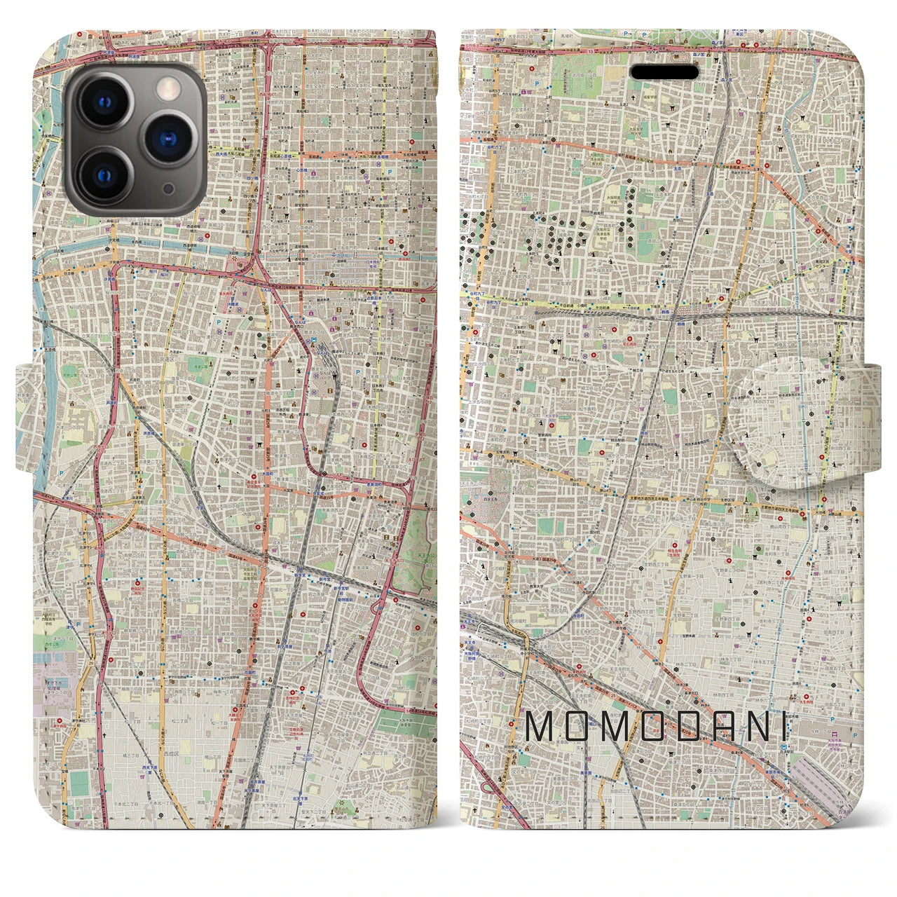 【桃谷(大阪府)】地図柄iPhoneケース(手帳タイプ)ナチュラル・iPhone 11 Pro Max 用