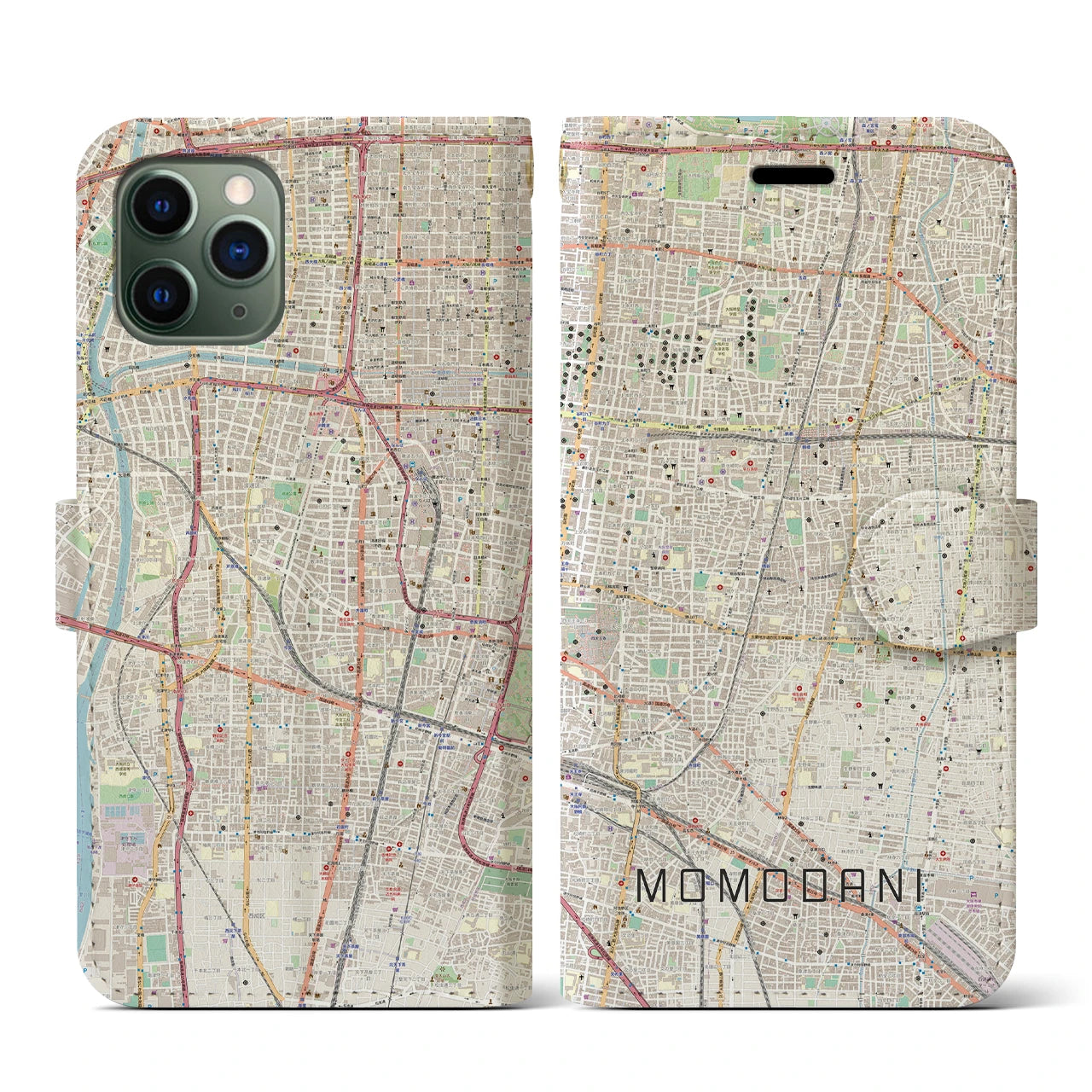 【桃谷(大阪府)】地図柄iPhoneケース(手帳タイプ)ナチュラル・iPhone 11 Pro 用