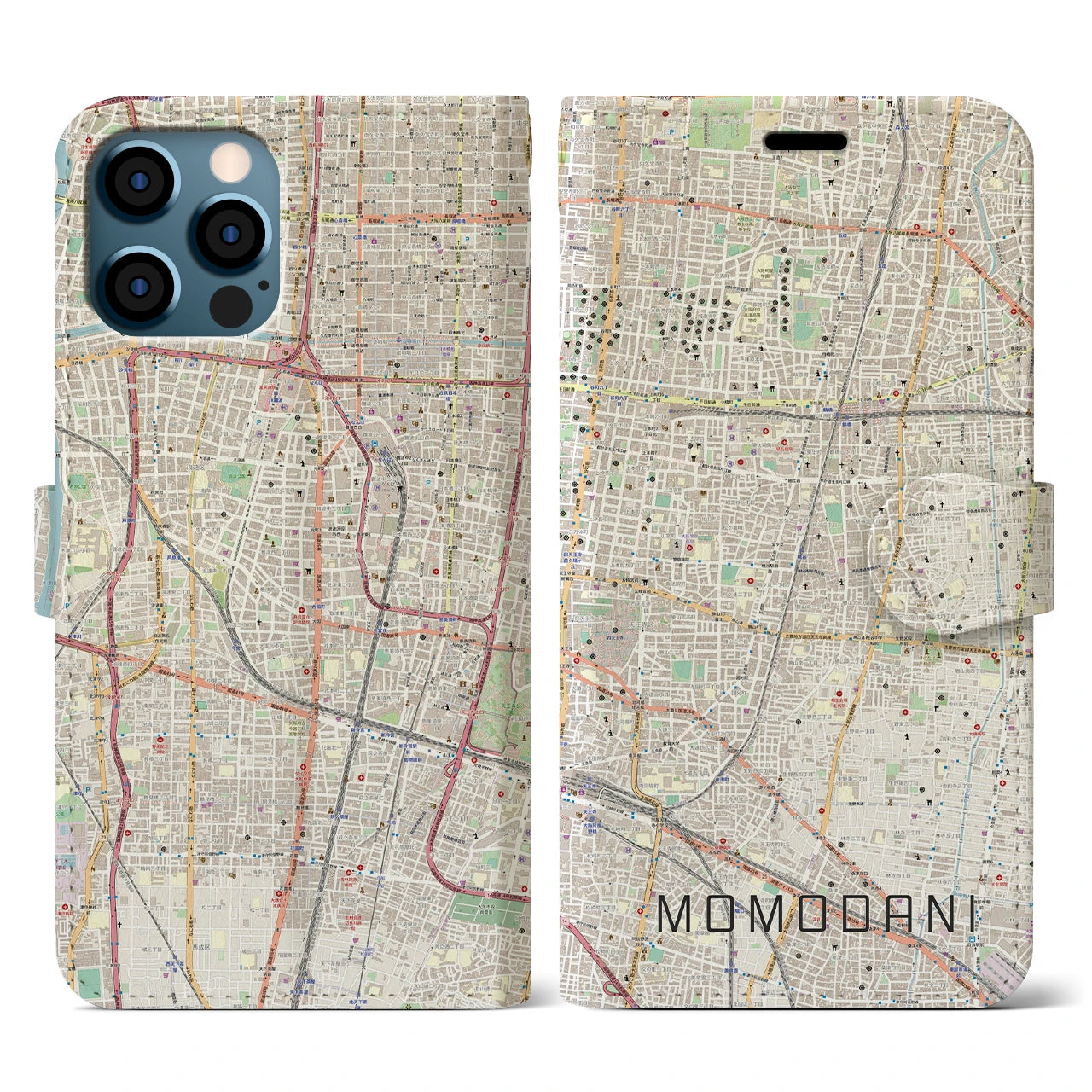 【桃谷(大阪府)】地図柄iPhoneケース(手帳タイプ)ナチュラル・iPhone 12 / 12 Pro 用