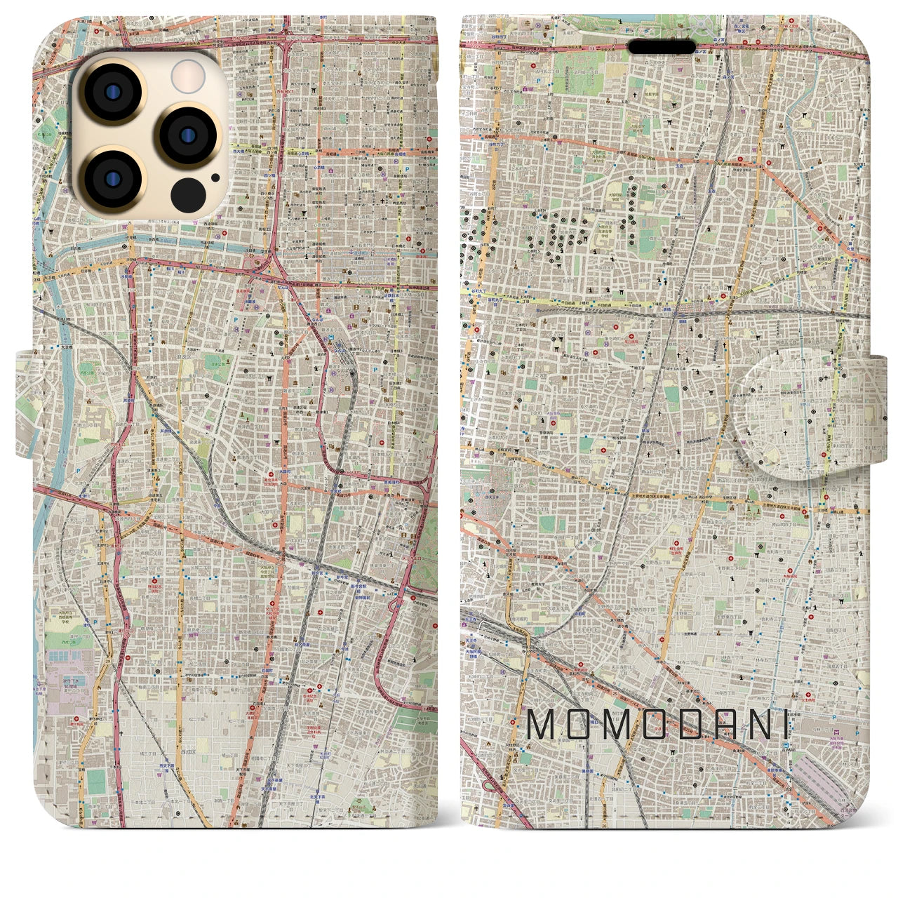 【桃谷(大阪府)】地図柄iPhoneケース(手帳タイプ)ナチュラル・iPhone 12 Pro Max 用