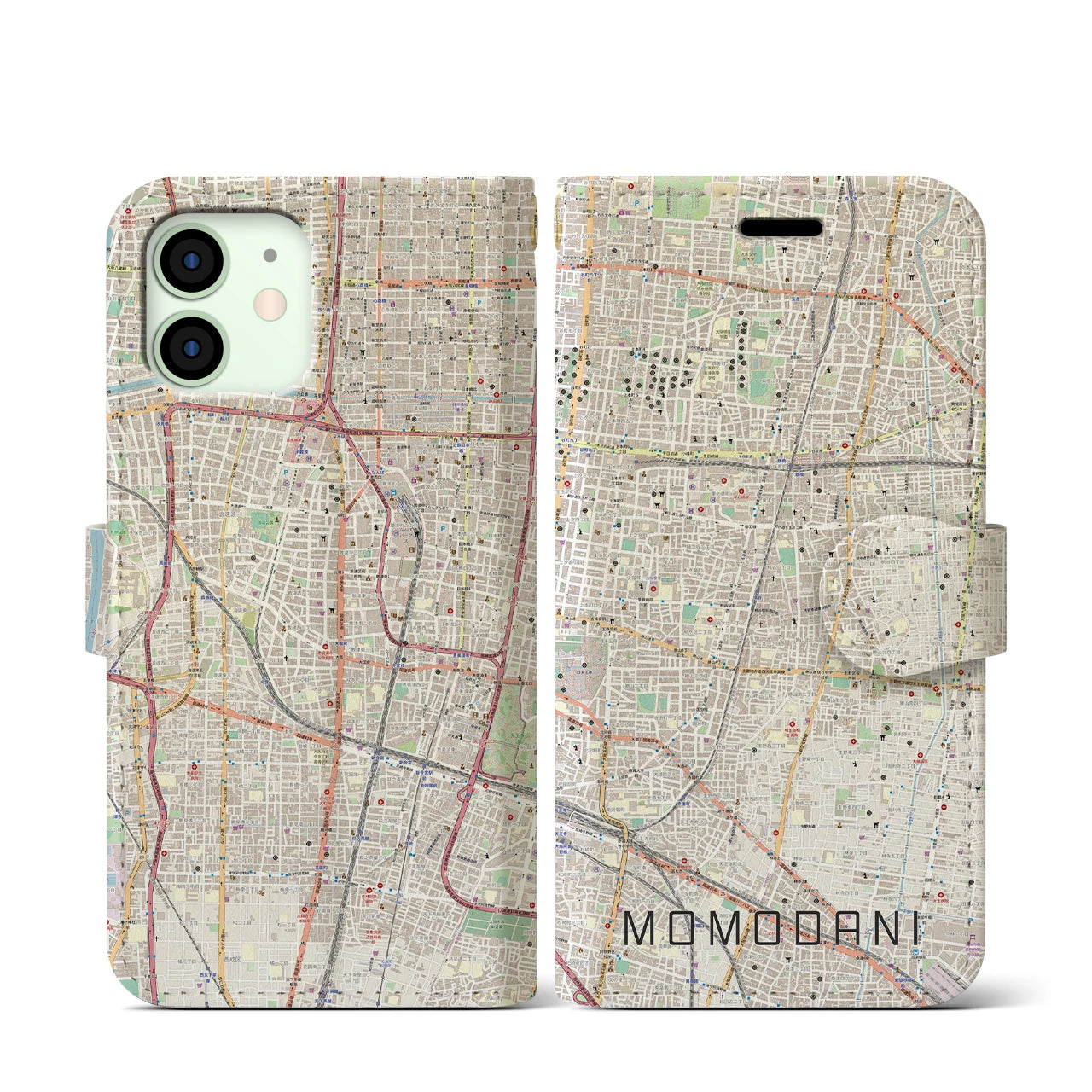 【桃谷(大阪府)】地図柄iPhoneケース(手帳タイプ)ナチュラル・iPhone 12 mini 用