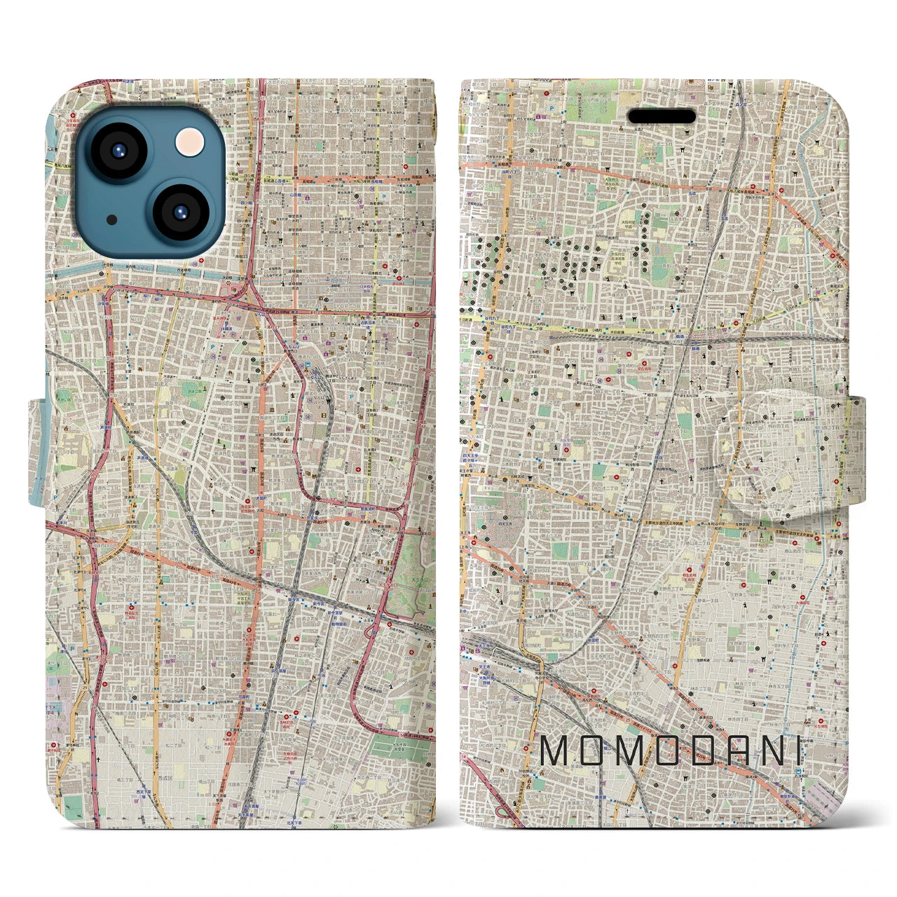 【桃谷(大阪府)】地図柄iPhoneケース(手帳タイプ)ナチュラル・iPhone 13 用