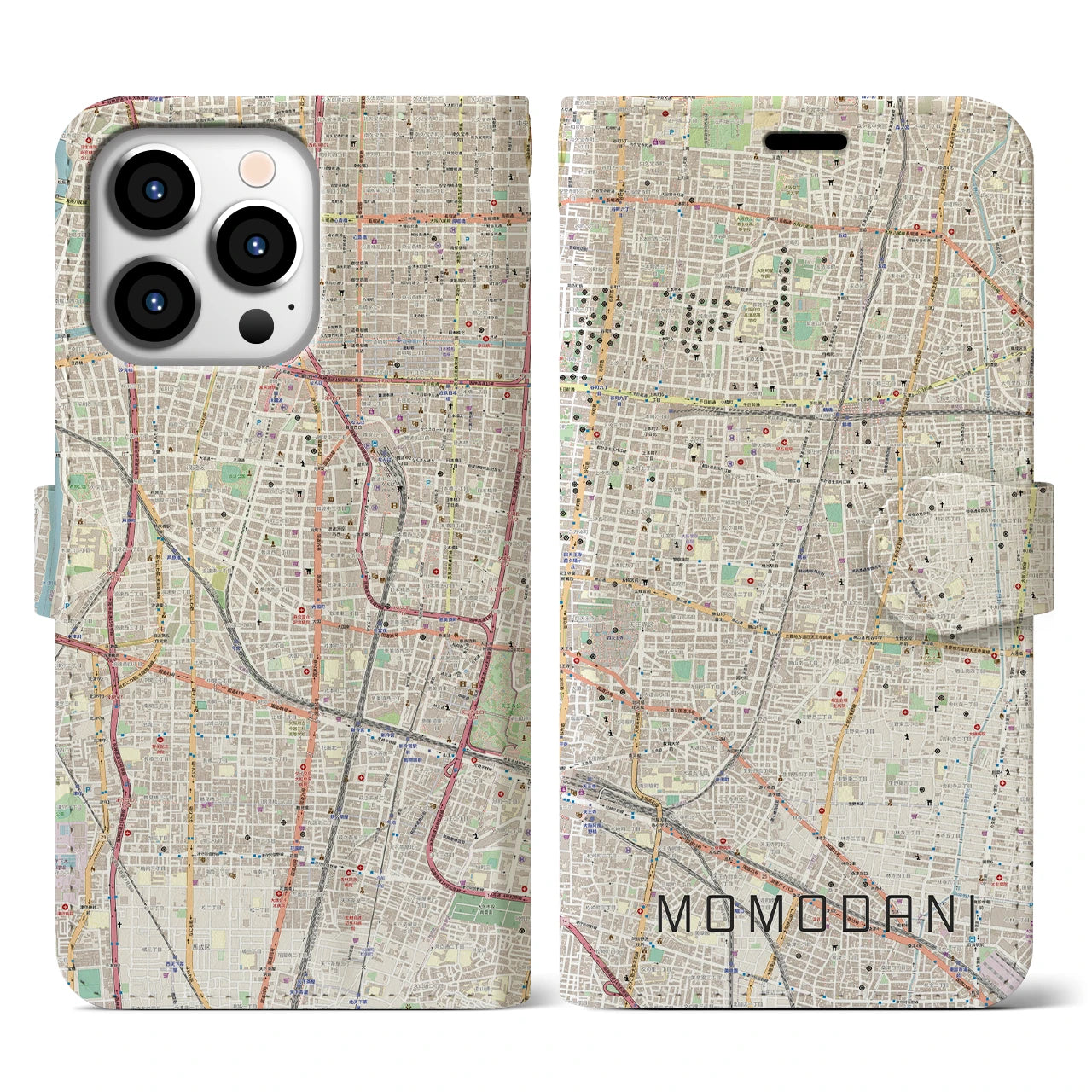 【桃谷(大阪府)】地図柄iPhoneケース(手帳タイプ)ナチュラル・iPhone 13 Pro 用