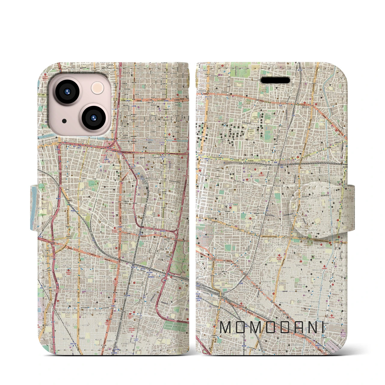 【桃谷(大阪府)】地図柄iPhoneケース(手帳タイプ)ナチュラル・iPhone 13 mini 用