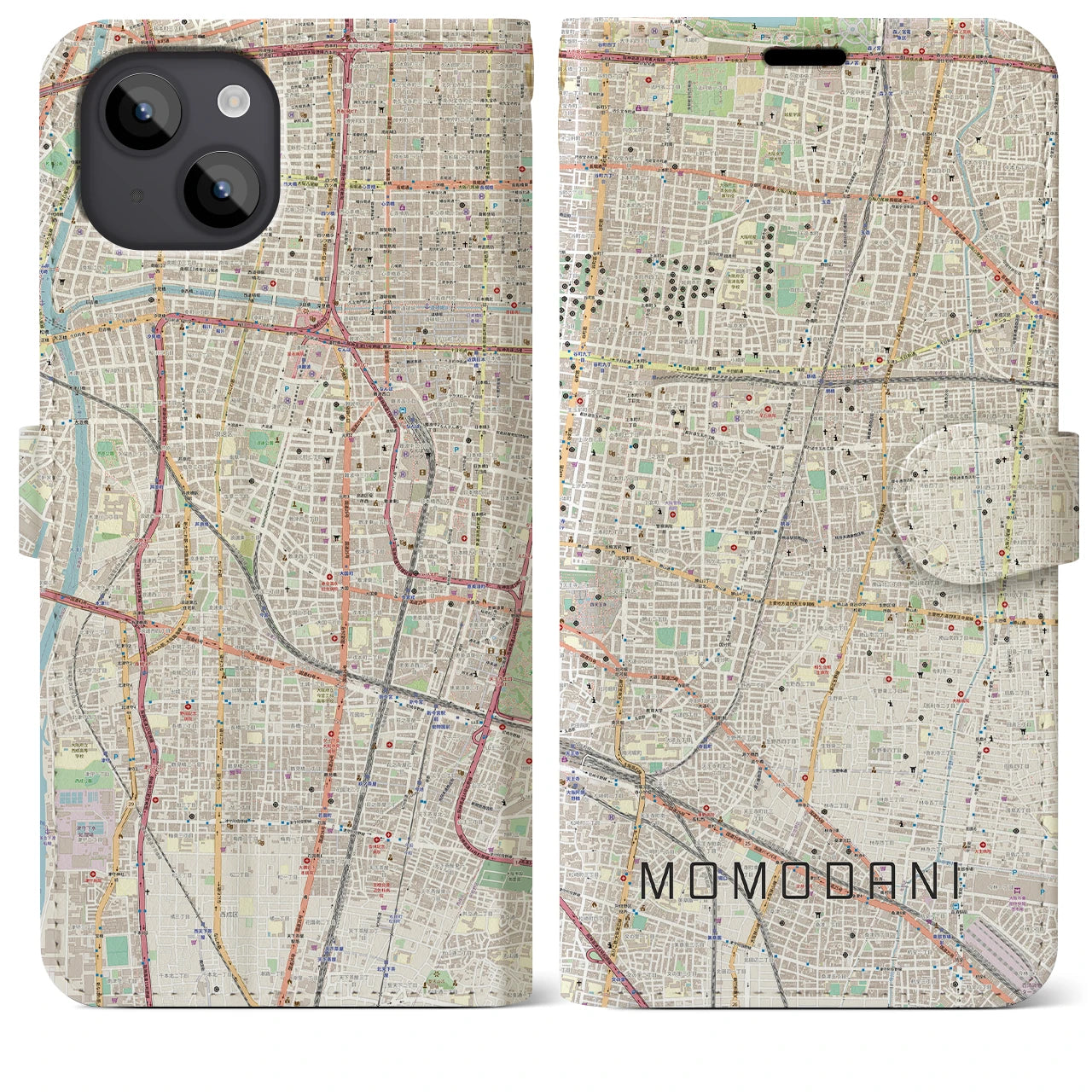 【桃谷(大阪府)】地図柄iPhoneケース(手帳タイプ)ナチュラル・iPhone 14 Plus 用