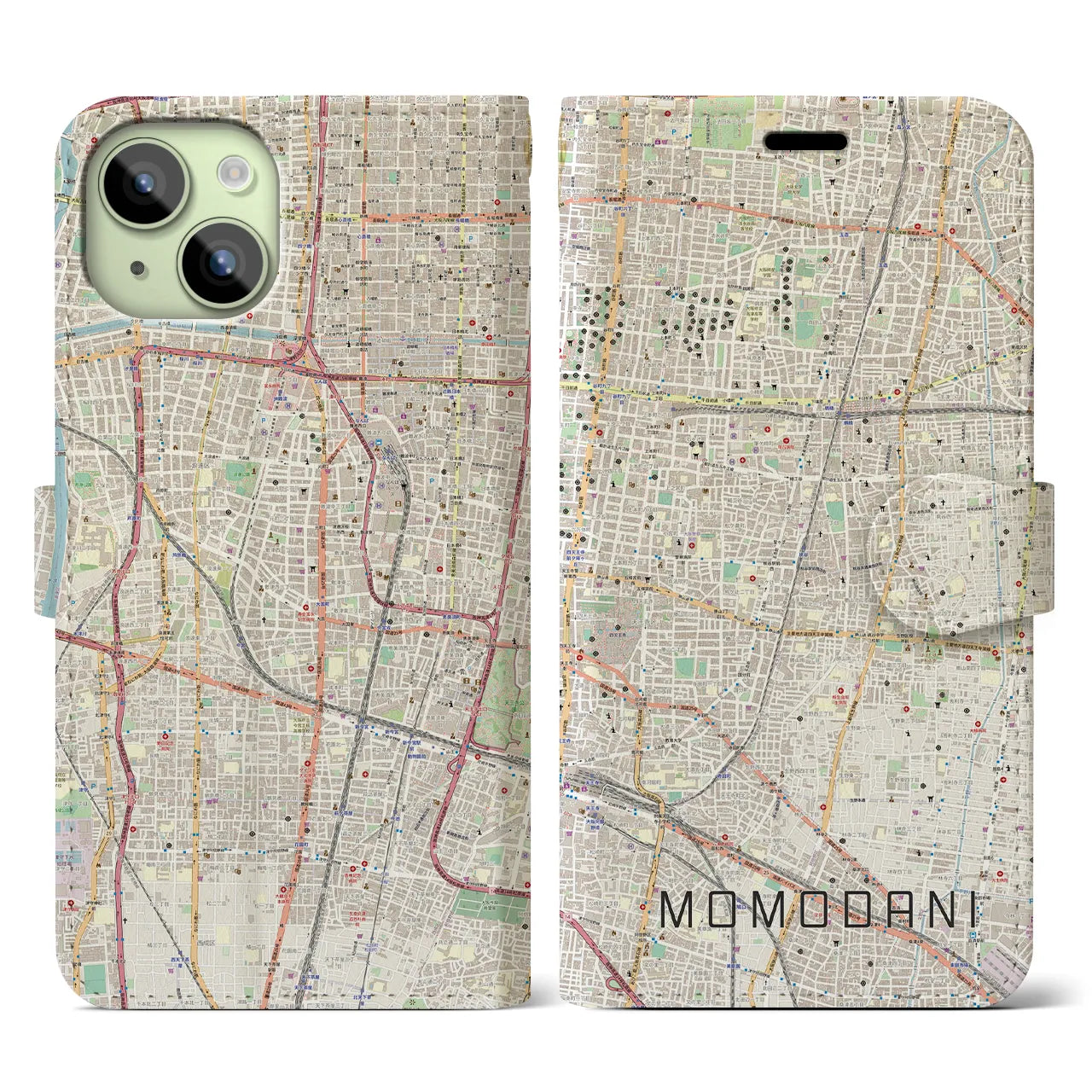 【桃谷(大阪府)】地図柄iPhoneケース(手帳タイプ)ナチュラル・iPhone 15 用