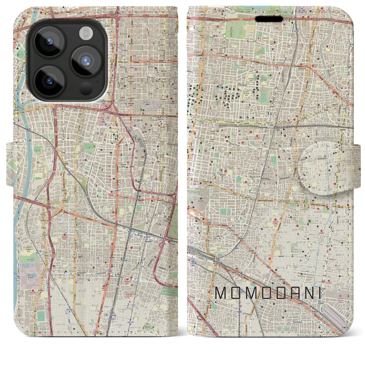 【桃谷(大阪府)】地図柄iPhoneケース(手帳タイプ)ナチュラル・iPhone 15 Pro Max 用