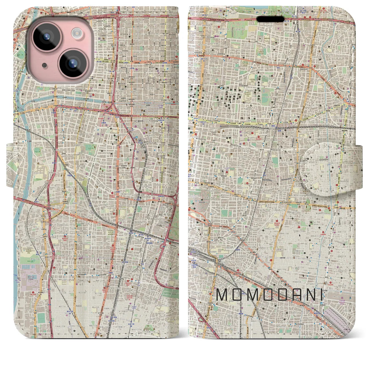 【桃谷(大阪府)】地図柄iPhoneケース(手帳タイプ)ナチュラル・iPhone 15 Plus 用