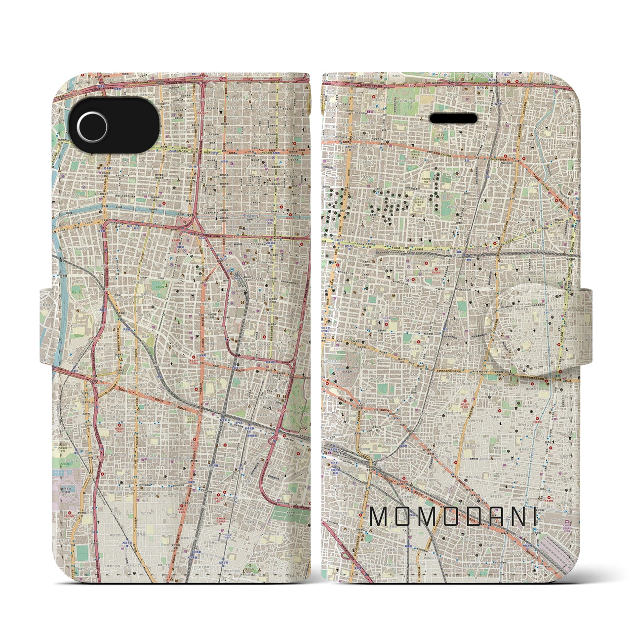 【桃谷(大阪府)】地図柄iPhoneケース(手帳タイプ)ナチュラル・iPhone SE(第3 / 第2世代) / 8 / 7 / 6s / 6 用