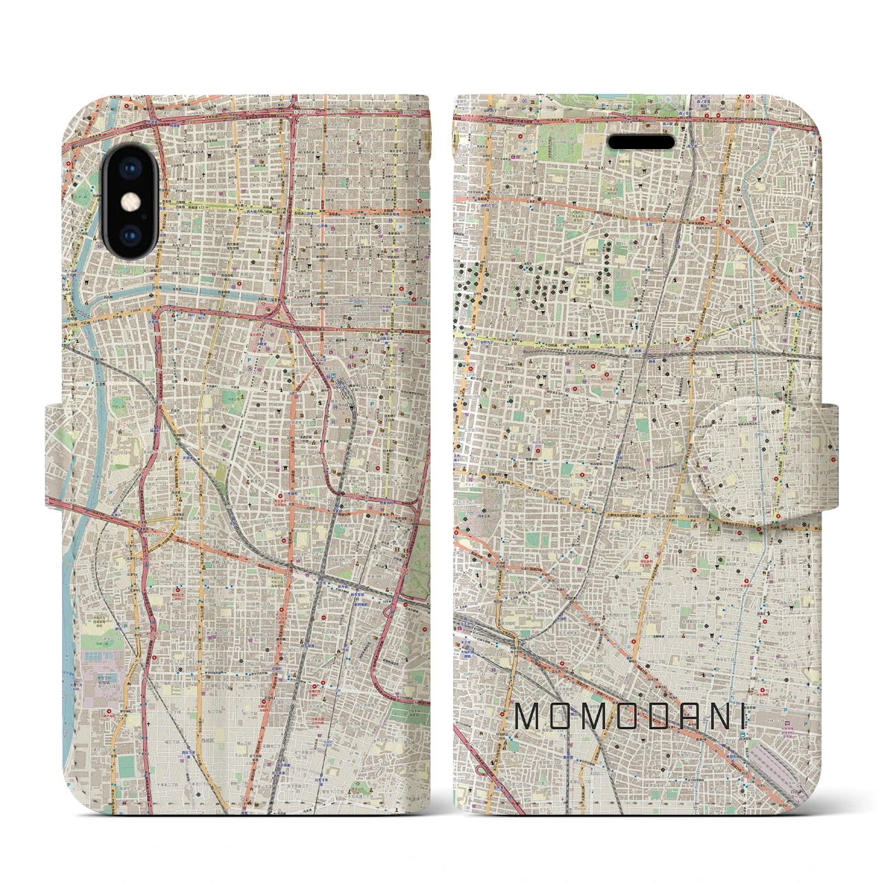 【桃谷(大阪府)】地図柄iPhoneケース(手帳タイプ)ナチュラル・iPhone XS / X 用