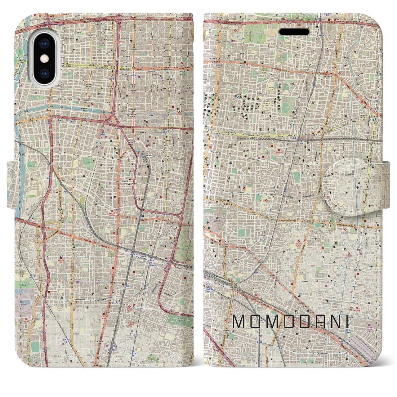 【桃谷(大阪府)】地図柄iPhoneケース(手帳タイプ)ナチュラル・iPhone XS Max 用