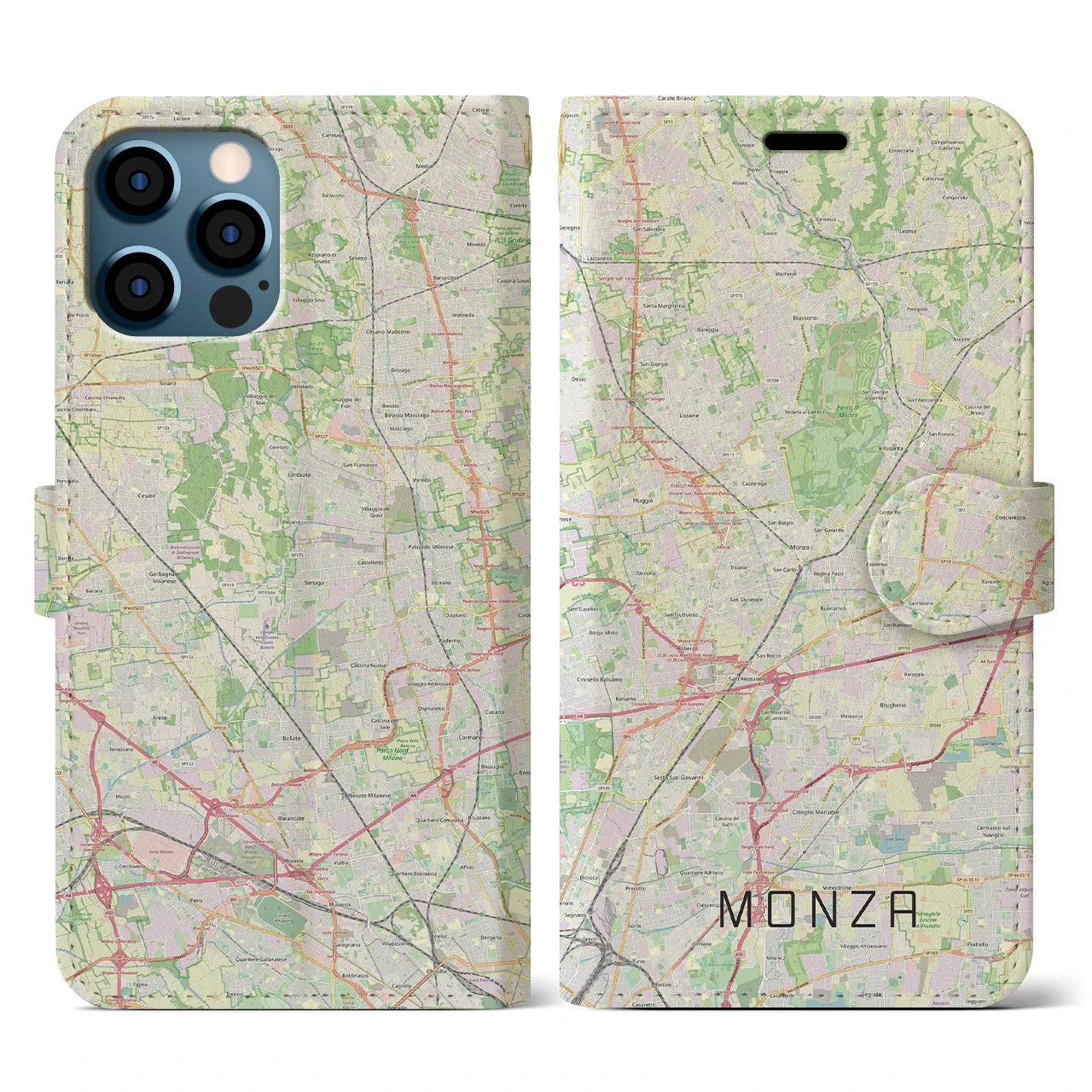【モンツァ(イタリア)】地図柄iPhoneケース(手帳タイプ)ナチュラル・iPhone 12 / 12 Pro 用