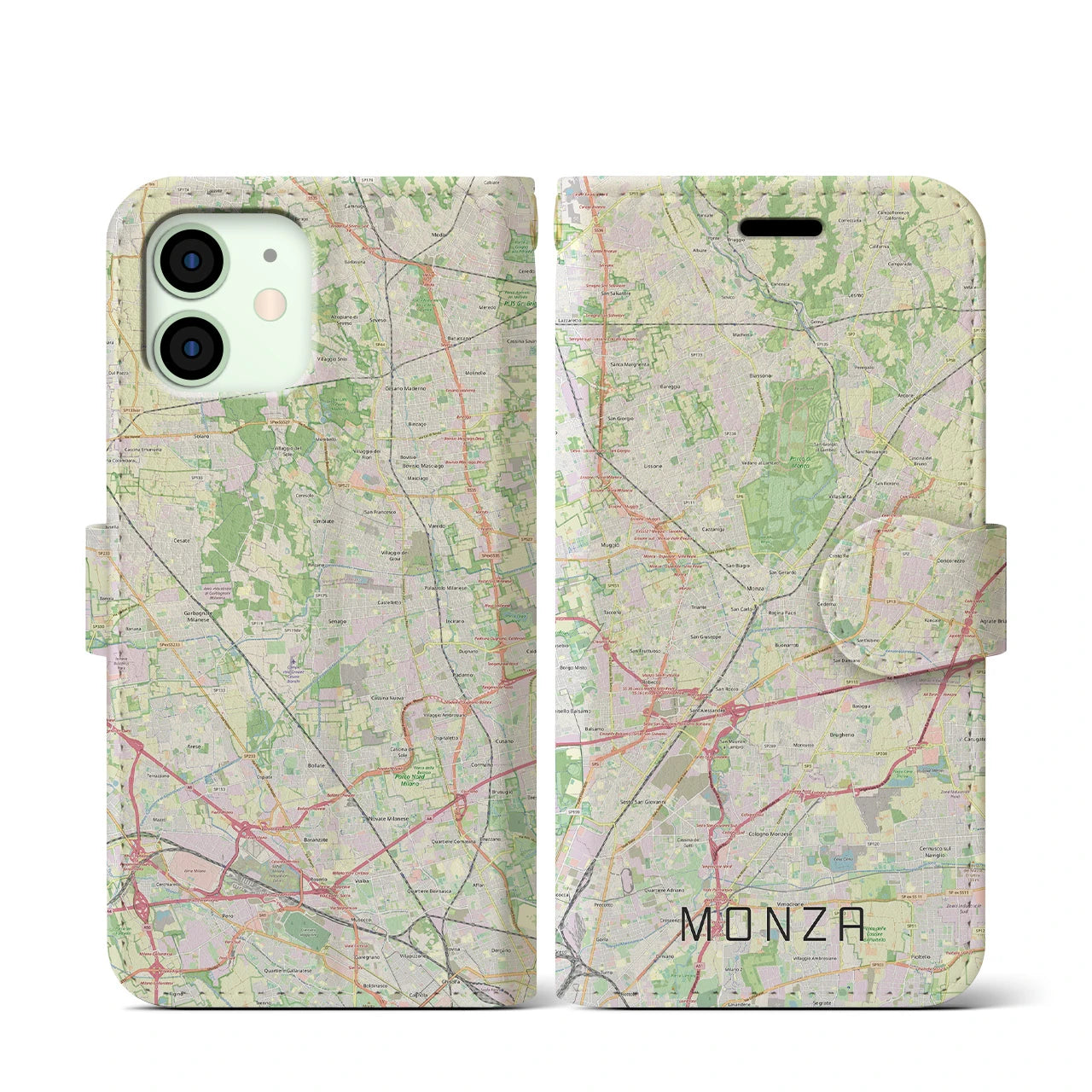 【モンツァ(イタリア)】地図柄iPhoneケース(手帳タイプ)ナチュラル・iPhone 12 mini 用