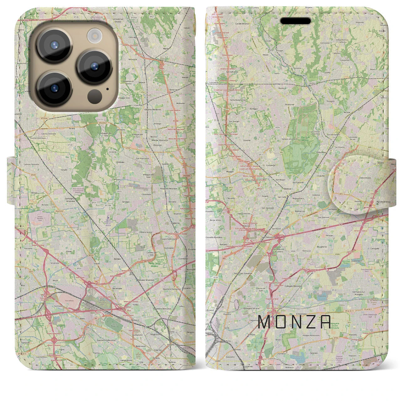 【モンツァ(イタリア)】地図柄iPhoneケース(手帳タイプ)ナチュラル・iPhone 14 Pro Max 用