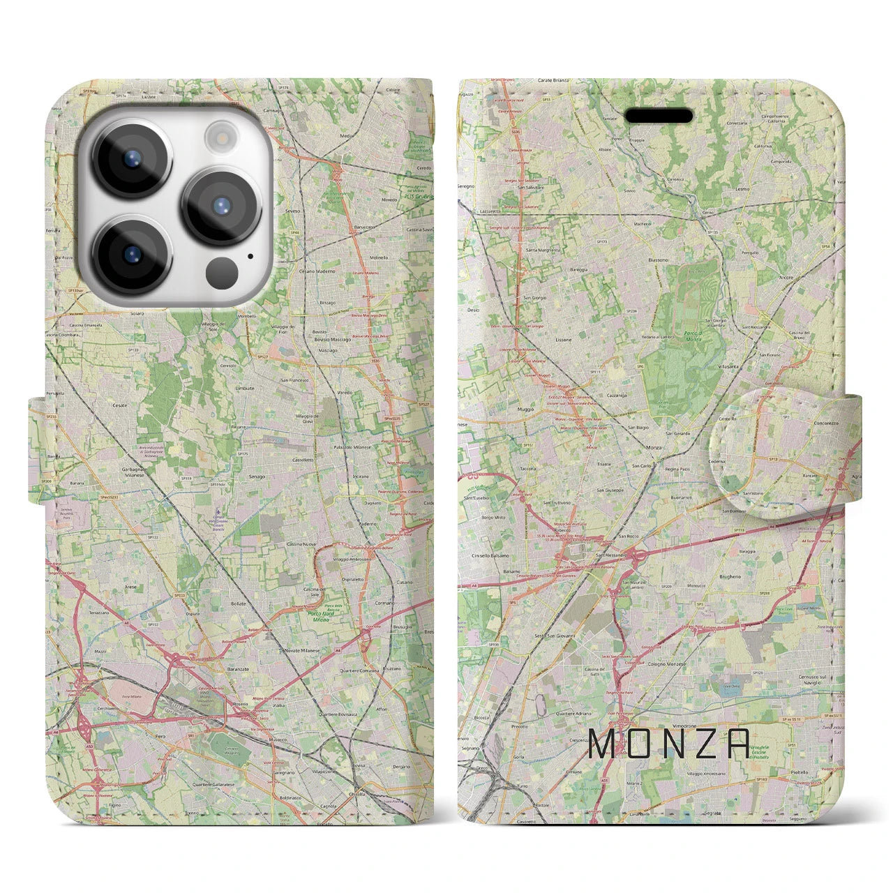 【モンツァ(イタリア)】地図柄iPhoneケース(手帳タイプ)ナチュラル・iPhone 14 Pro 用