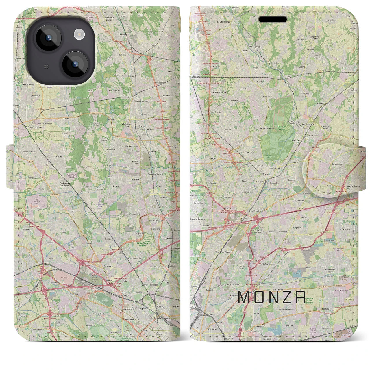 【モンツァ(イタリア)】地図柄iPhoneケース(手帳タイプ)ナチュラル・iPhone 14 Plus 用
