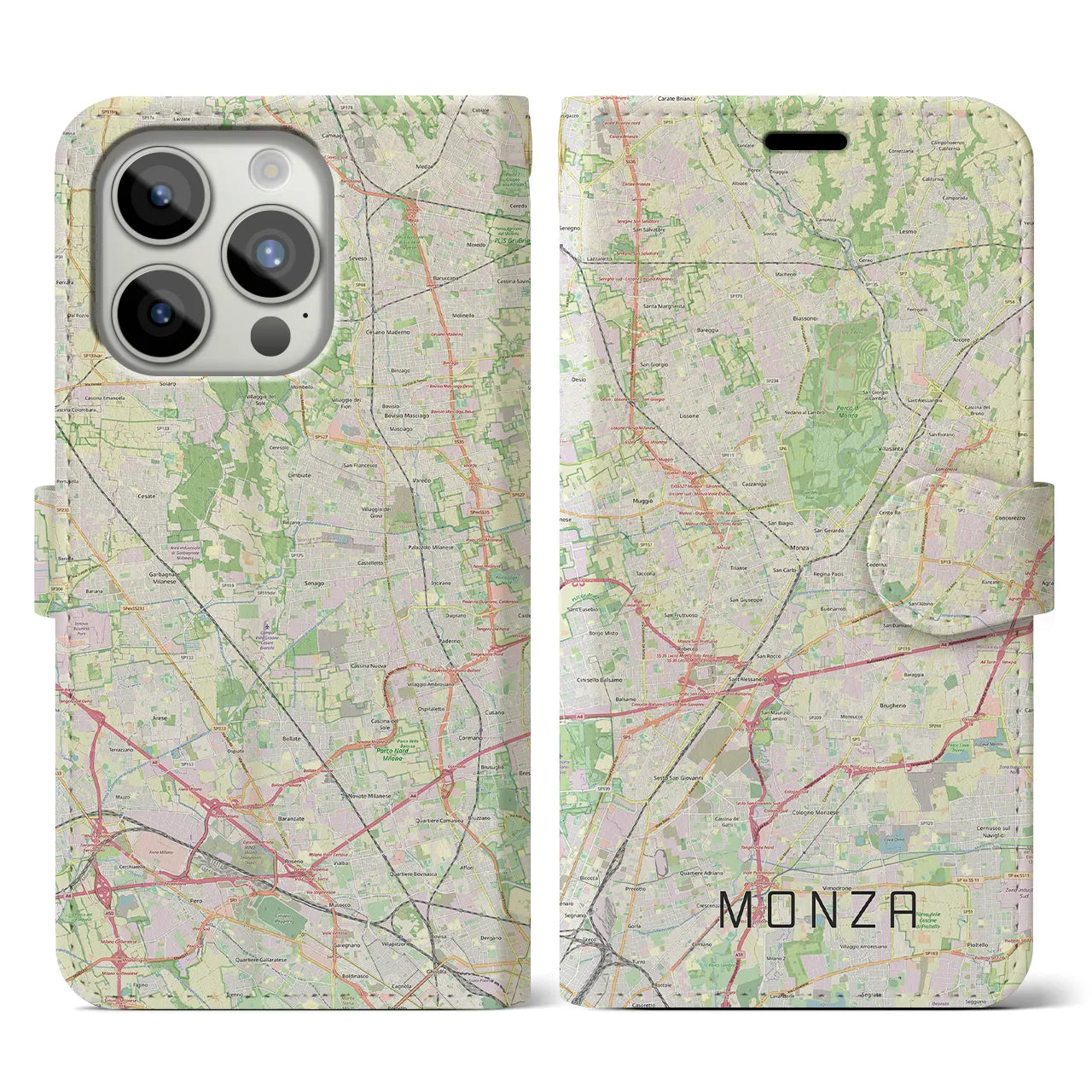 【モンツァ(イタリア)】地図柄iPhoneケース(手帳タイプ)ナチュラル・iPhone 15 Pro 用