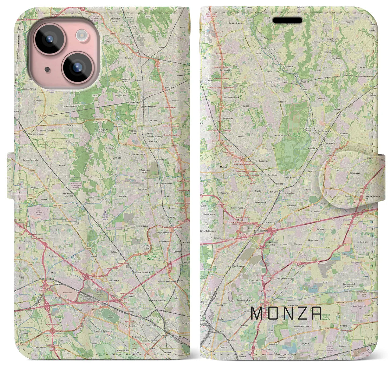 【モンツァ(イタリア)】地図柄iPhoneケース(手帳タイプ)ナチュラル・iPhone 15 Plus 用