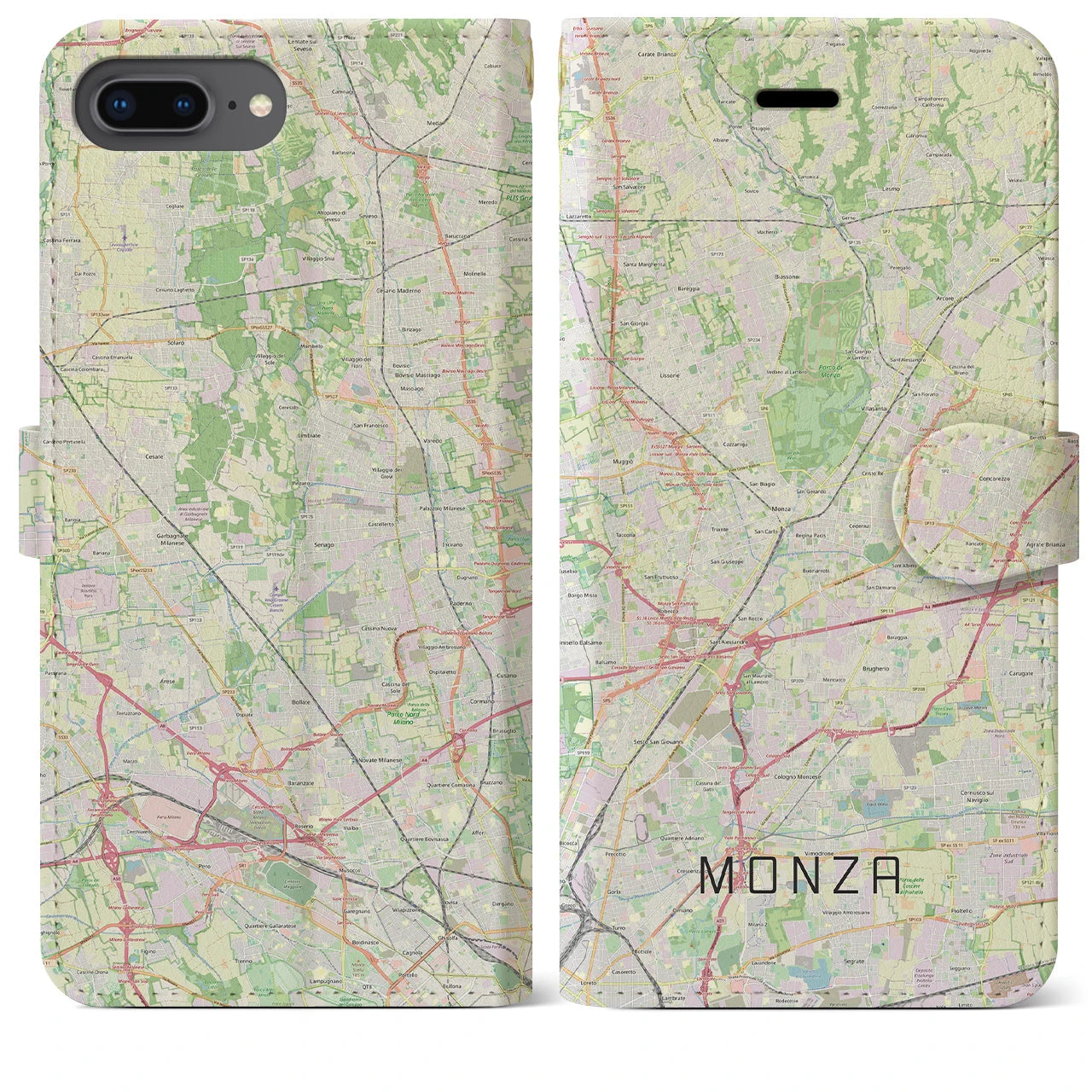 【モンツァ(イタリア)】地図柄iPhoneケース(手帳タイプ)ナチュラル・iPhone 8Plus /7Plus / 6sPlus / 6Plus 用
