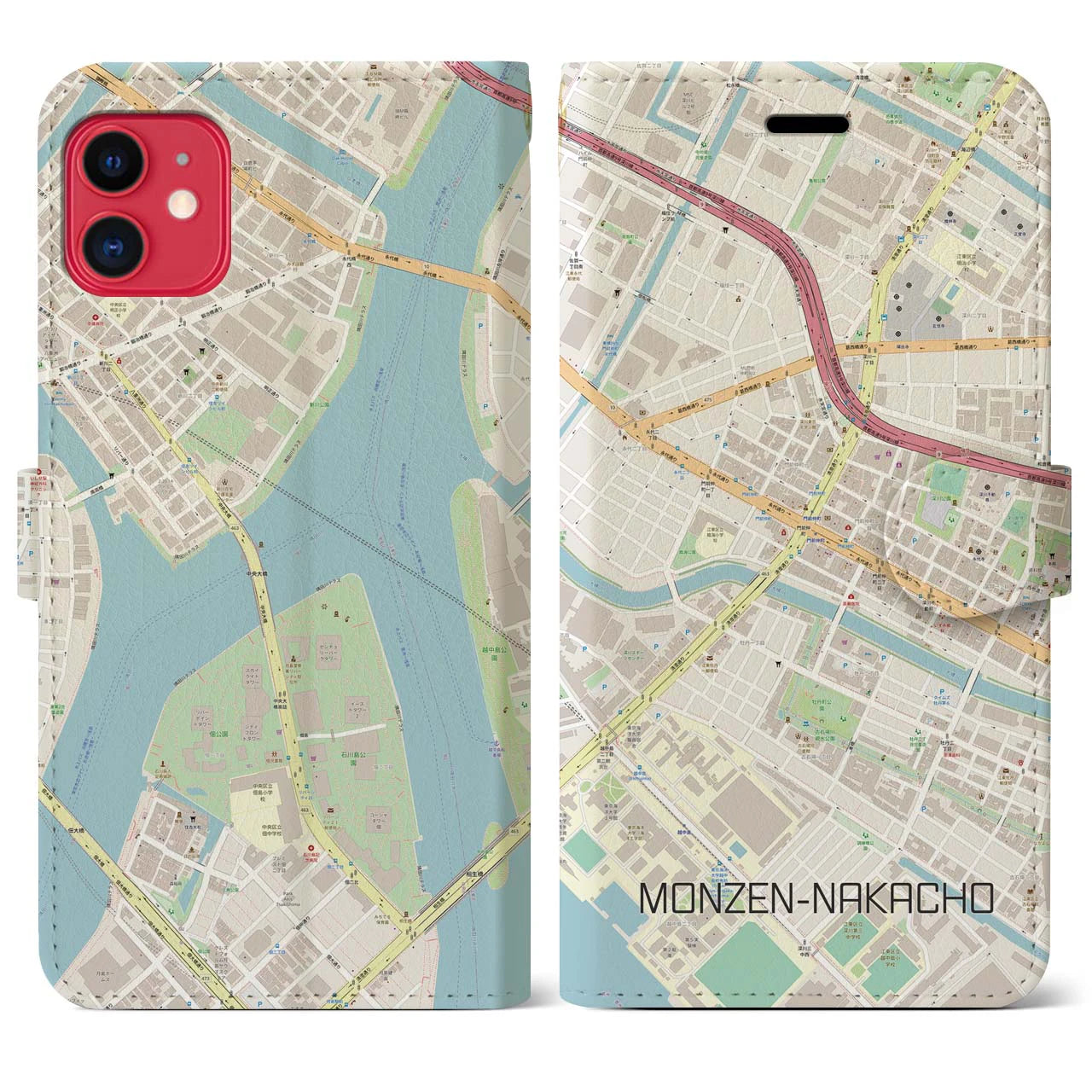 【門前仲町(東京都)】地図柄iPhoneケース(手帳タイプ)ナチュラル・iPhone 11 用